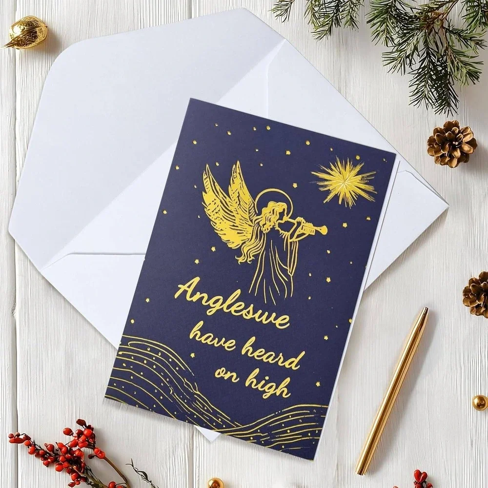 Christmas Cards Nativity Scene‎ Angel Gold Foil Joy to World Peace Love Messages